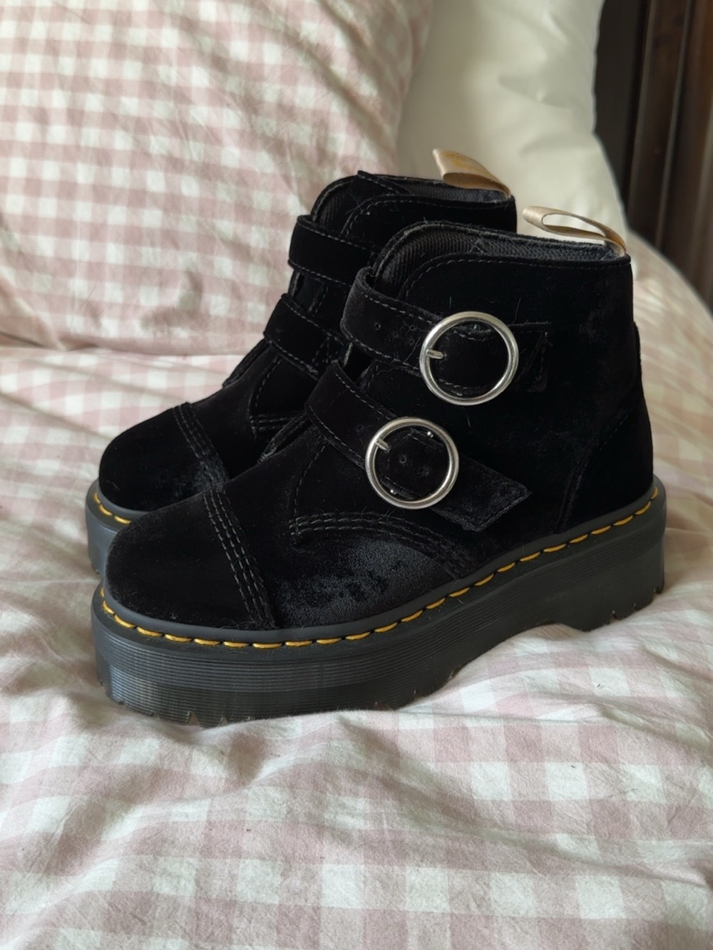 Doc Marten Black Velvet Platform Ankle Boots with Double Buckle
